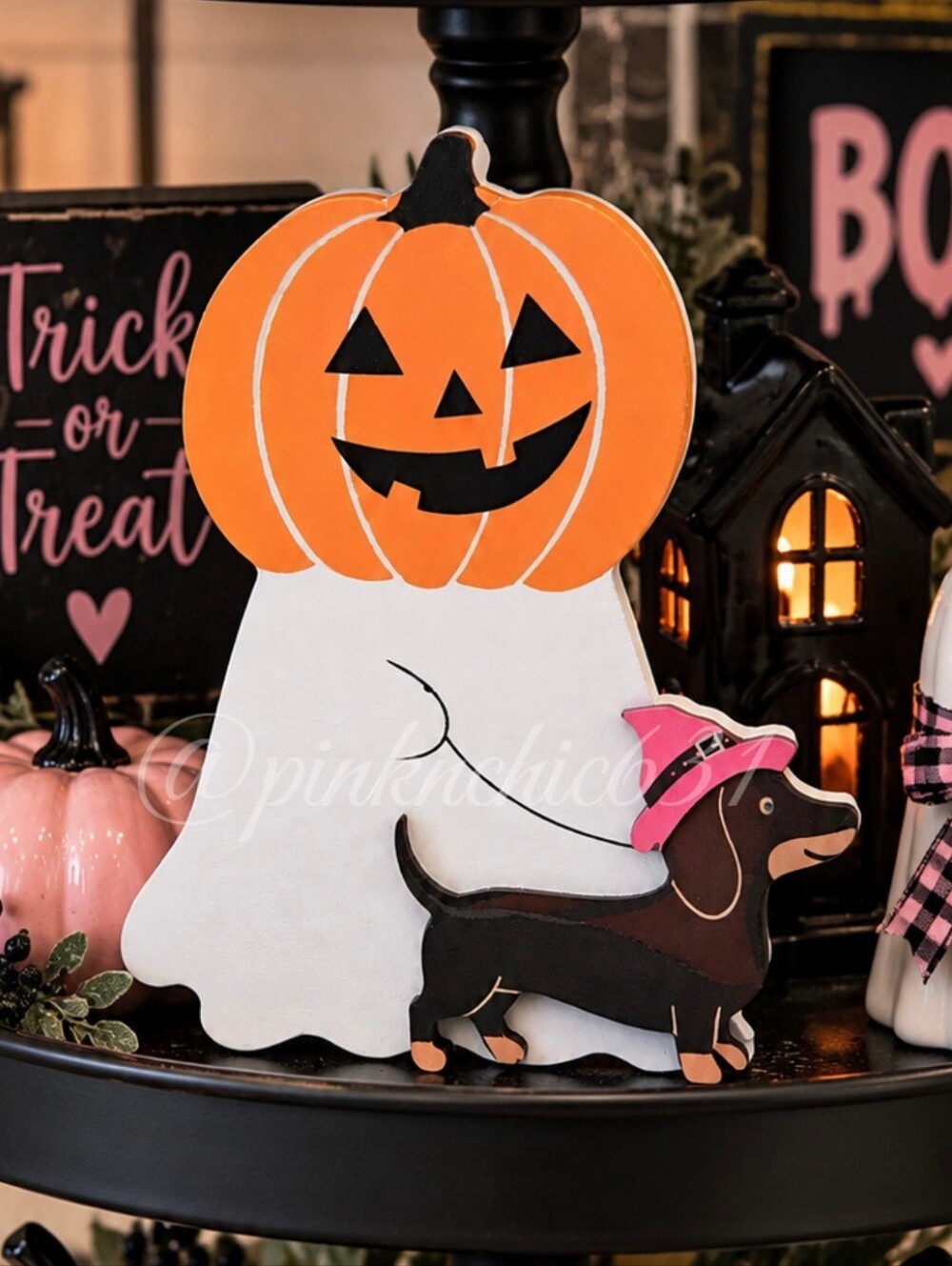 Ghost Jack-o'-lantern Walking The Ghost Dog Dachshund Wooden Halloween Decor